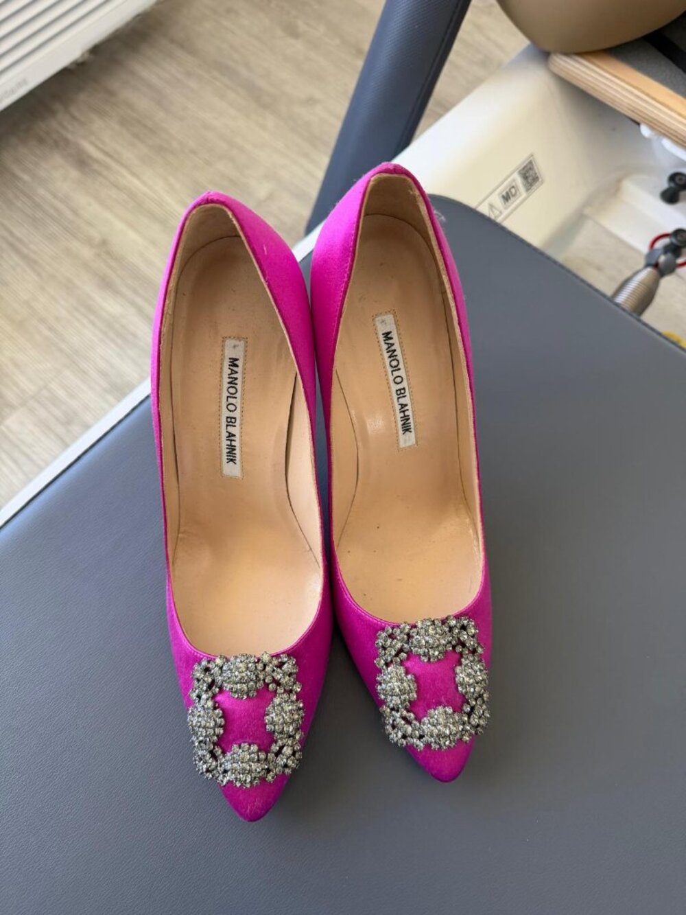 Manolo Blahnik Pink Satin Crystal Buckle Pumps – Size 37.5